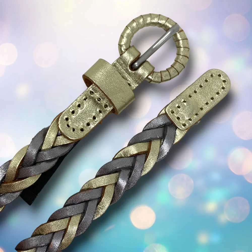 Vintage Y2K Metallic Braided Leather Sz S Skinny Belt Pewter & Gold Tones